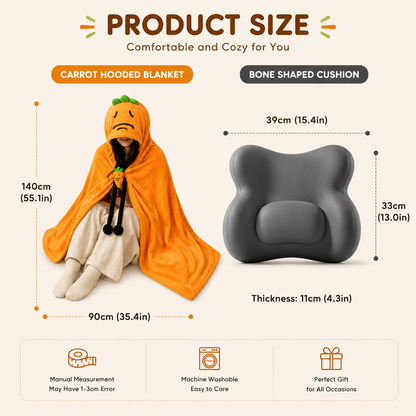 Carrot Hooded Blanket with Blue Memory Foam Lumbar Support Pillow, Cozy Wearable Throw Blanket and Ergonomic Back Cushion Set for Office, Home, Study and Relaxation