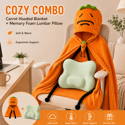 Carrot Hooded Blanket with Grey-green Memory Foam Lumbar Support Pillow, Cozy Wearable Throw Blanket and Ergonomic Back Cushion Set for Office, Home, Study and Relaxation