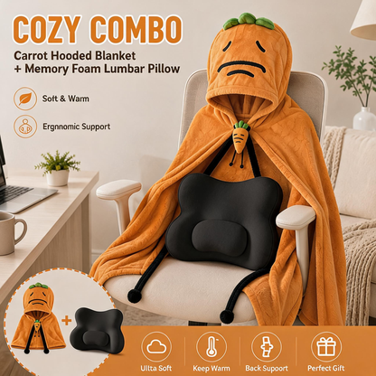 Carrot Hooded Blanket with Black Memory Foam Lumbar Support Pillow, Cozy Wearable Throw Blanket and Ergonomic Back Cushion Set for Office, Home, Study and Relaxation
