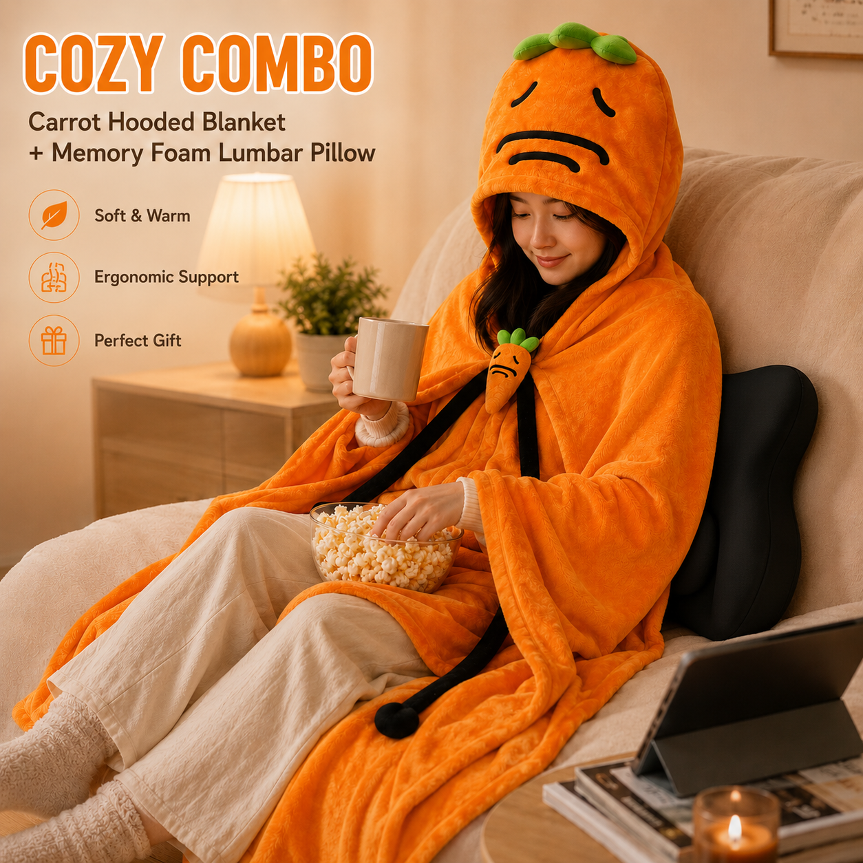 Carrot Hooded Blanket with Black Memory Foam Lumbar Support Pillow, Cozy Wearable Throw Blanket and Ergonomic Back Cushion Set for Office, Home, Study and Relaxation
