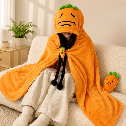 Carrot Hooded Blanket with Black Memory Foam Lumbar Support Pillow, Cozy Wearable Throw Blanket and Ergonomic Back Cushion Set for Office, Home, Study and Relaxation