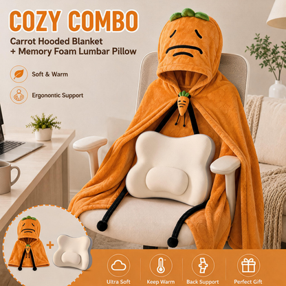 Carrot Hooded Blanket with Beige-grey Memory Foam Lumbar Support Pillow, Cozy Wearable Throw Blanket and Ergonomic Back Cushion Set for Office, Home, Study and Relaxation