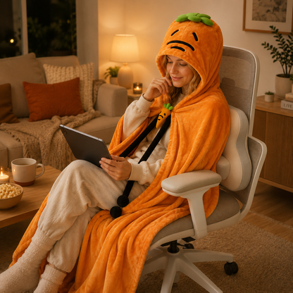 Carrot Hooded Blanket with Beige-grey Memory Foam Lumbar Support Pillow, Cozy Wearable Throw Blanket and Ergonomic Back Cushion Set for Office, Home, Study and Relaxation