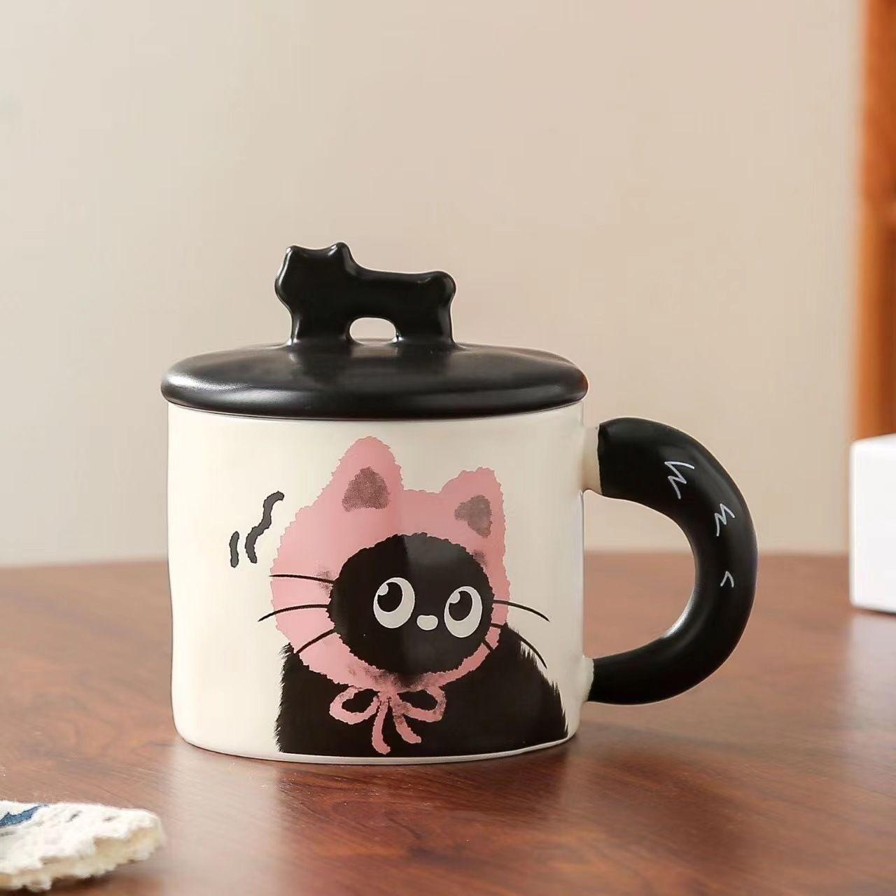 Pink Cute Cat Ceramic Mug with Lid 360ml, Kawaii Coffee Cup Gift Set for Home Office Tea Cocoa and Hot Drinks