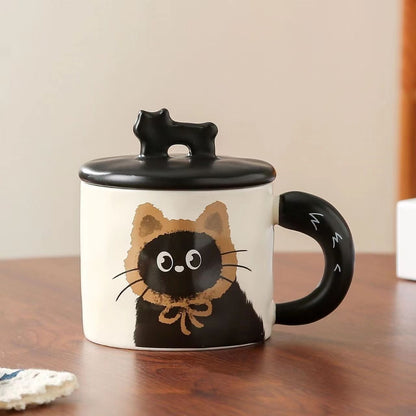 Brown Cute Cat Ceramic Mug with Lid 360ml, Kawaii Coffee Cup Gift Set for Home Office Tea Cocoa and Hot Drinks