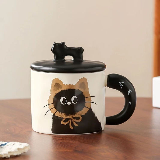 Brown Cute Cat Ceramic Mug with Lid 360ml, Kawaii Coffee Cup Gift Set for Home Office Tea Cocoa and Hot Drinks