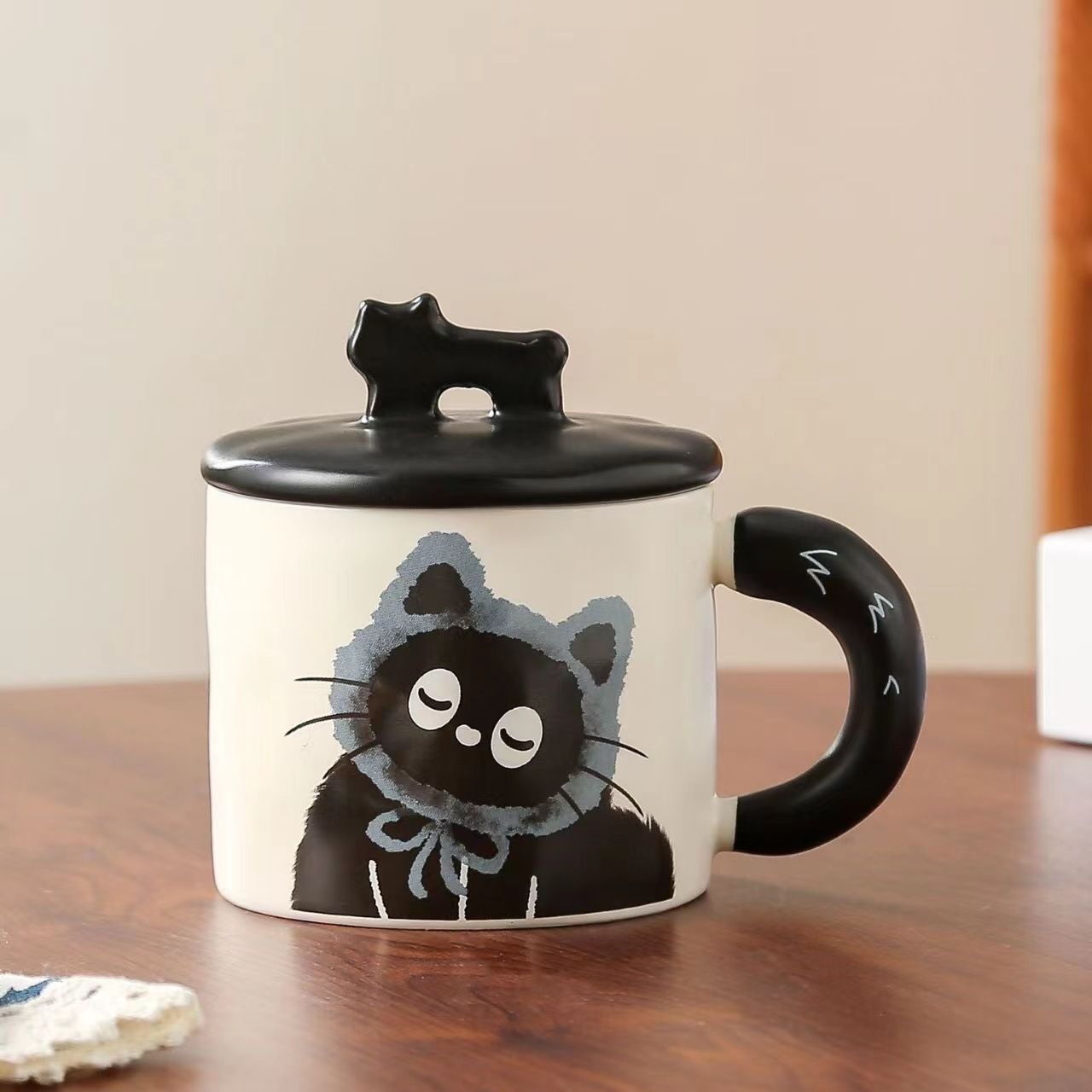 Blue Cute Cat Ceramic Mug with Lid 360ml, Kawaii Coffee Cup Gift Set for Home Office Tea Cocoa and Hot Drinks