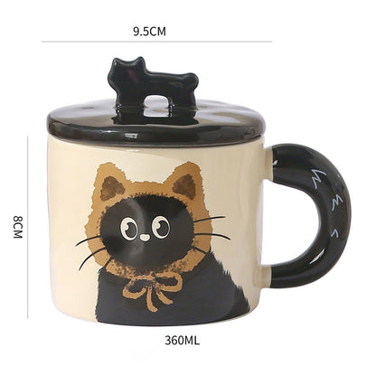 Blue Cute Cat Ceramic Mug with Lid 360ml, Kawaii Coffee Cup Gift Set for Home Office Tea Cocoa and Hot Drinks