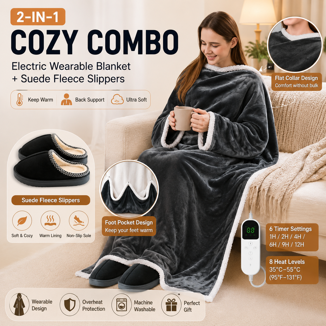 Wearable Electric Heated Blanket with Foot Pocket 127x177cm and Suede Fleece Slippers Set AU 3-4, Winter Warm Home Comfort Bundle