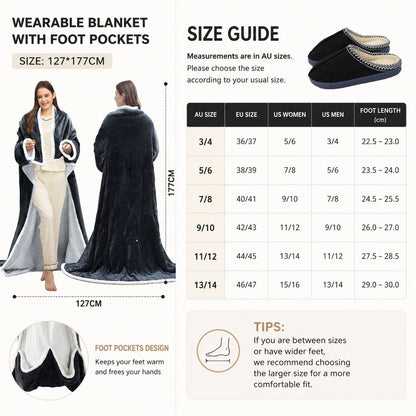 Wearable Electric Heated Blanket with Foot Pocket 127x177cm and Suede Fleece Slippers Set AU 3-4, Winter Warm Home Comfort Bundle