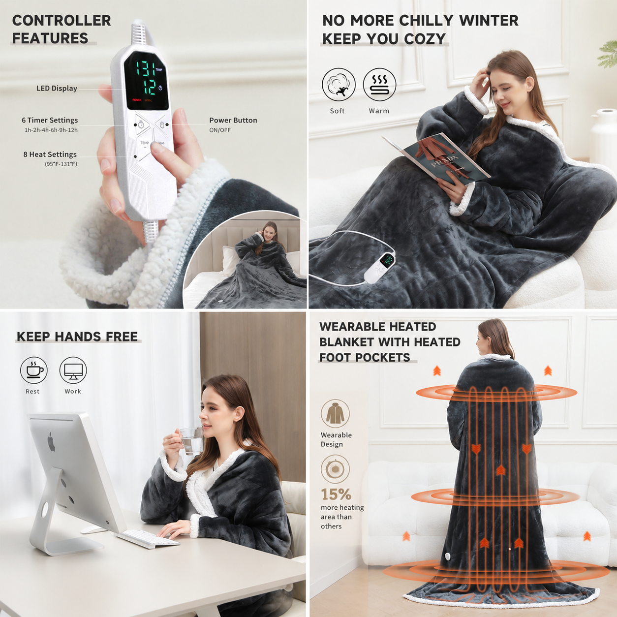 Wearable Electric Heated Blanket with Foot Pocket 127x177cm and Suede Fleece Slippers Set AU 5-6, Winter Warm Home Comfort Bundle