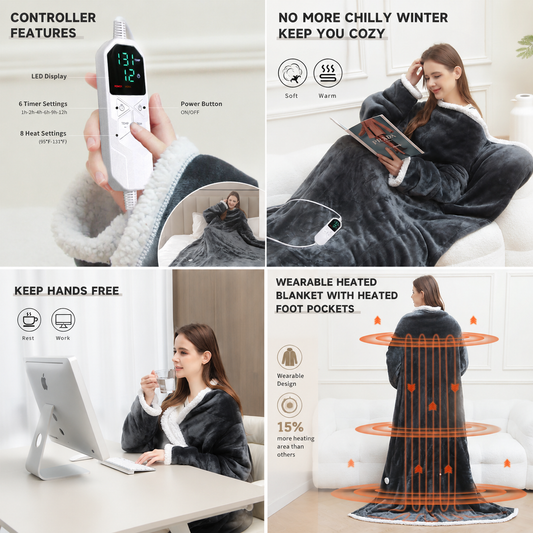 Wearable Electric Heated Blanket with Sleeves and Foot Pocket 127x177cm Smart Temperature Control Throw