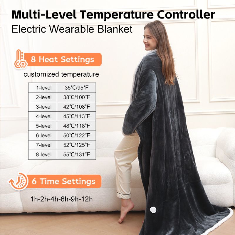 Wearable Electric Heated Blanket with Sleeves and Foot Pocket 127x177cm Smart Temperature Control Throw