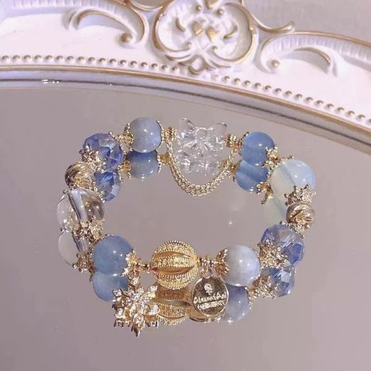 Blue Crystal Snowflake Charm Bracelet for Women, Elastic Beaded Christmas Gift Bracelet, Elegant Everyday Jewellery 13-15cm
