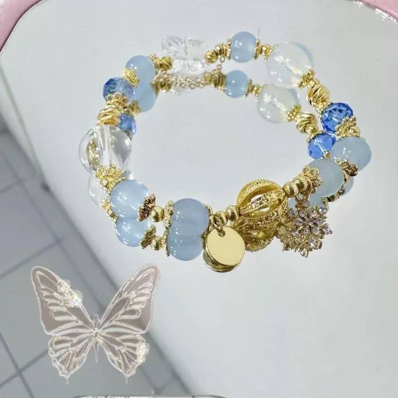 Blue Crystal Snowflake Charm Bracelet for Women, Elastic Beaded Christmas Gift Bracelet, Elegant Everyday Jewellery 13-15cm