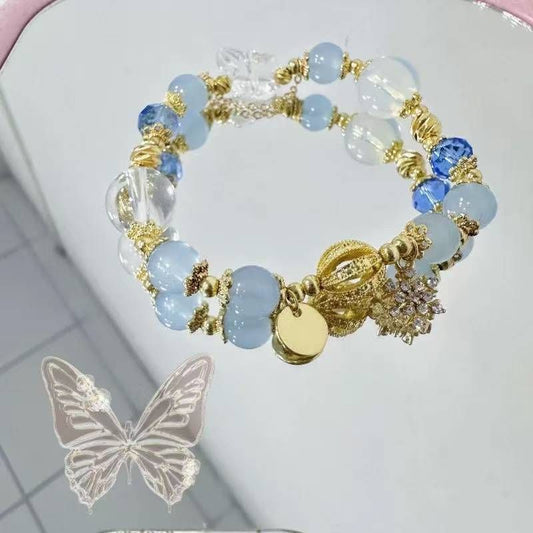 Blue Crystal Snowflake Charm Bracelet for Women, Elastic Beaded Christmas Gift Bracelet, Elegant Everyday Jewellery 13-15cm