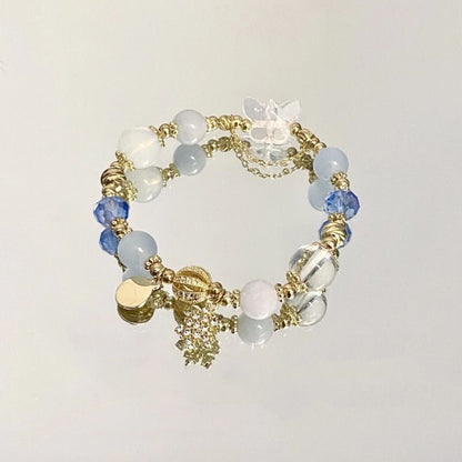 Blue Crystal Snowflake Charm Bracelet for Women, Elastic Beaded Christmas Gift Bracelet, Elegant Everyday Jewellery 13-15cm