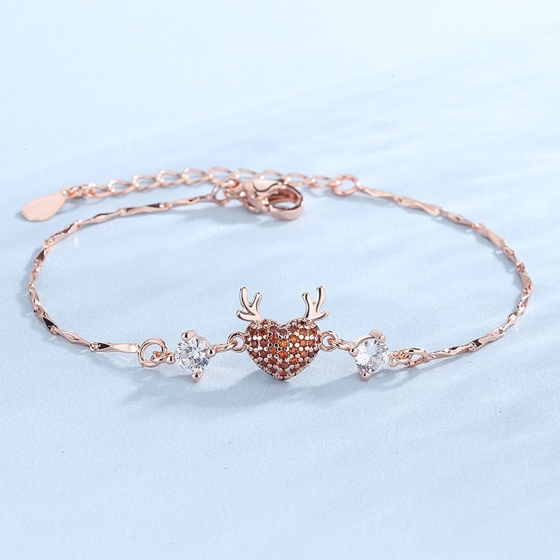 Rose Gold Reindeer Heart Bracelet for Women, Christmas Deer Antler Charm Jewellery, Adjustable Festive Gift Bracelet