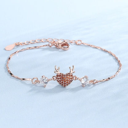 Rose Gold Reindeer Heart Bracelet for Women, Christmas Deer Antler Charm Jewellery, Adjustable Festive Gift Bracelet
