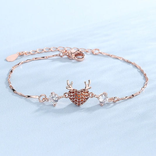 Rose Gold Reindeer Heart Bracelet for Women, Christmas Deer Antler Charm Jewellery, Adjustable Festive Gift Bracelet