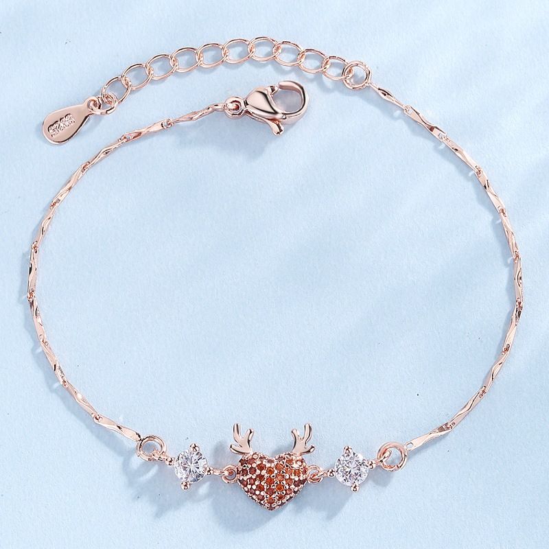 Rose Gold Reindeer Heart Bracelet for Women, Christmas Deer Antler Charm Jewellery, Adjustable Festive Gift Bracelet