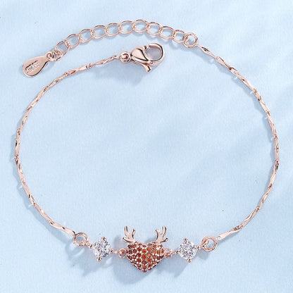 Rose Gold Reindeer Heart Bracelet for Women, Christmas Deer Antler Charm Jewellery, Adjustable Festive Gift Bracelet