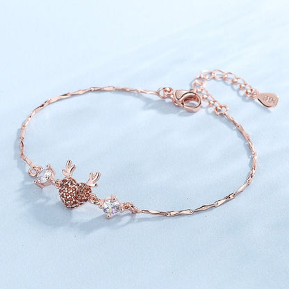 Rose Gold Reindeer Heart Bracelet for Women, Christmas Deer Antler Charm Jewellery, Adjustable Festive Gift Bracelet