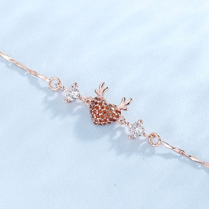 Rose Gold Reindeer Heart Bracelet for Women, Christmas Deer Antler Charm Jewellery, Adjustable Festive Gift Bracelet