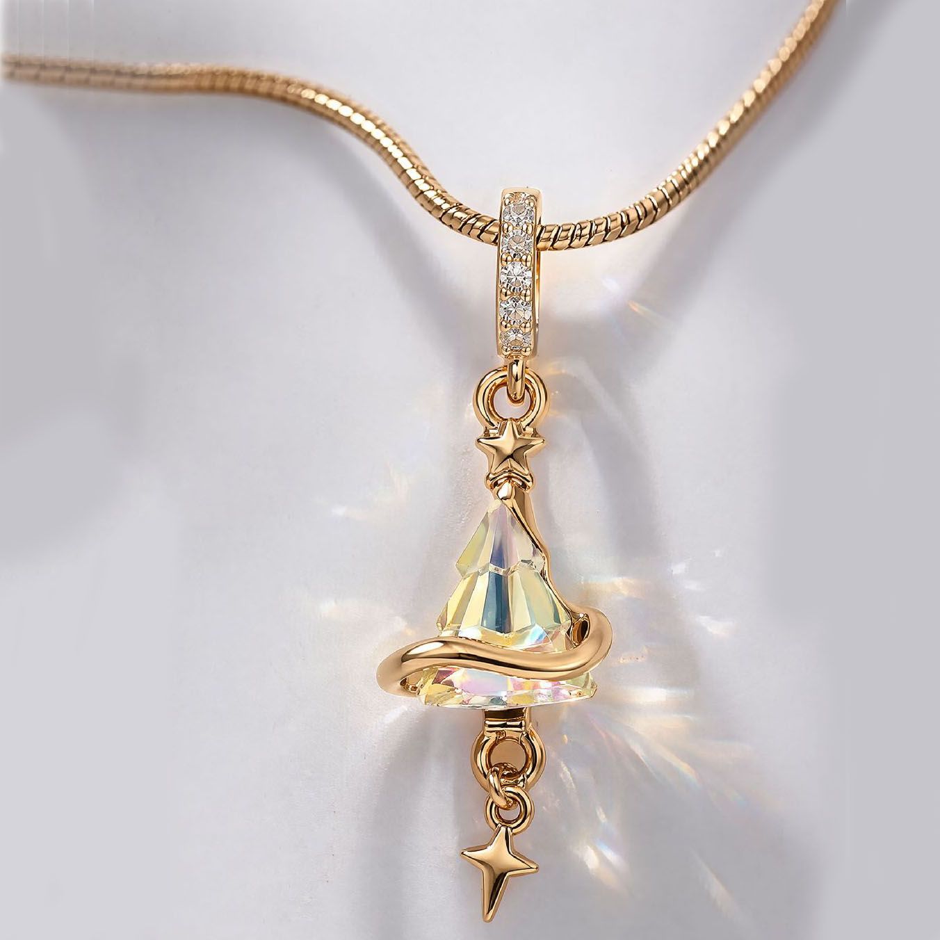 Crystal Star Witch Hat Pendant Necklace for Women, Gold Plated Celestial Charm Choker Jewellery Gift