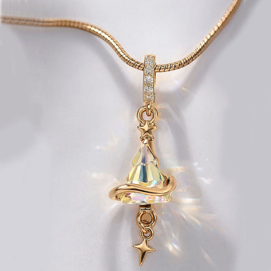 Crystal Star Witch Hat Pendant Necklace for Women, Gold Plated Celestial Charm Choker Jewellery Gift