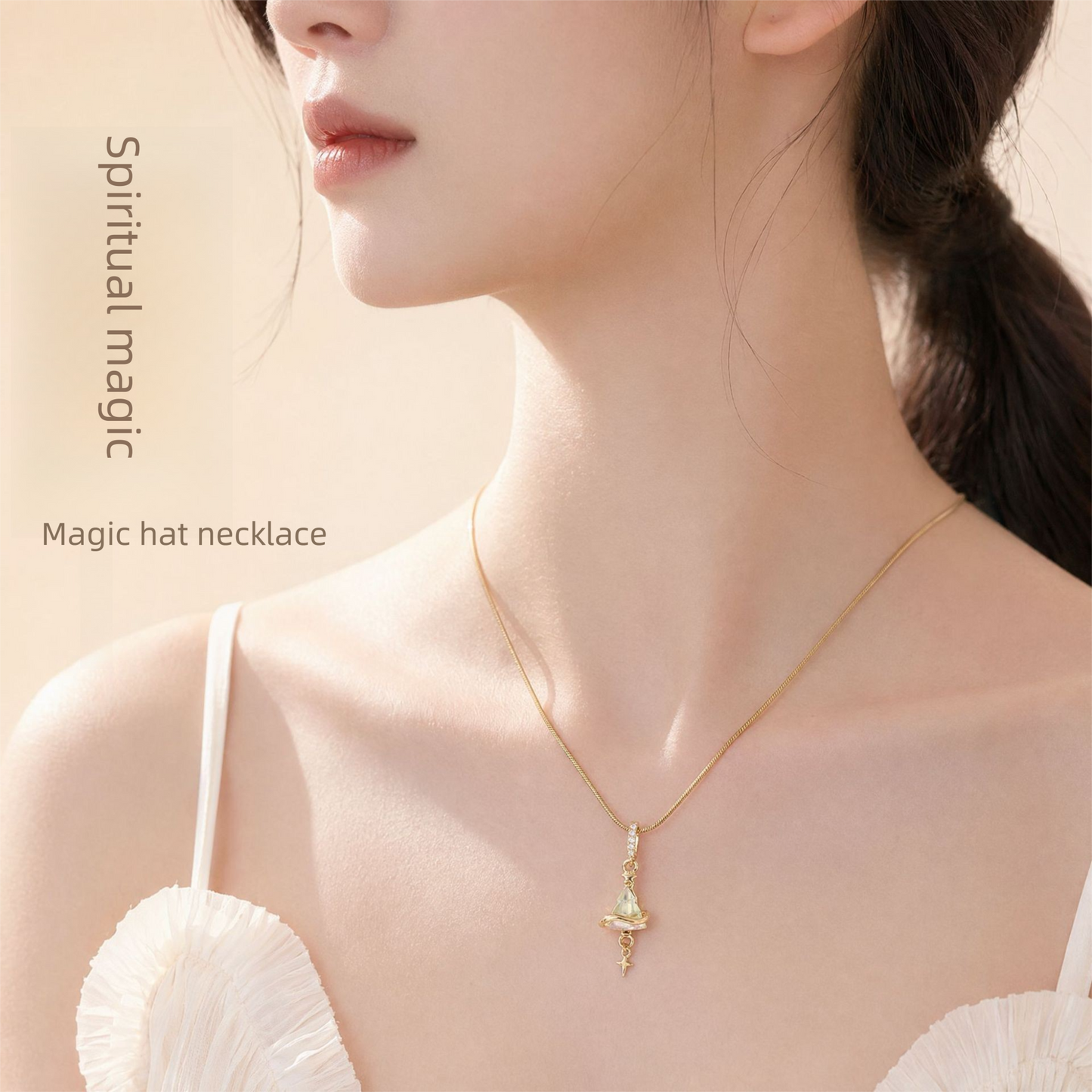 Crystal Star Witch Hat Pendant Necklace for Women, Gold Plated Celestial Charm Choker Jewellery Gift