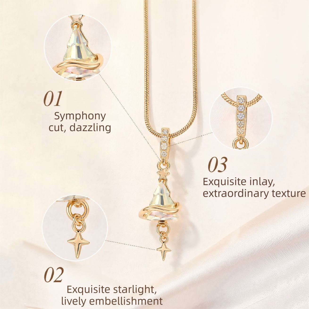 Crystal Star Witch Hat Pendant Necklace for Women, Gold Plated Celestial Charm Choker Jewellery Gift