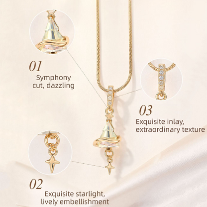 Crystal Star Witch Hat Pendant Necklace for Women, Gold Plated Celestial Charm Choker Jewellery Gift