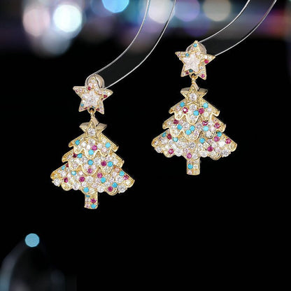 Women's Colorful Star-Shaped Christmas Tree Earrings – Sparkling Rhinestone Statement Earrings for the Holidays – Festive Party Jewelry Gift