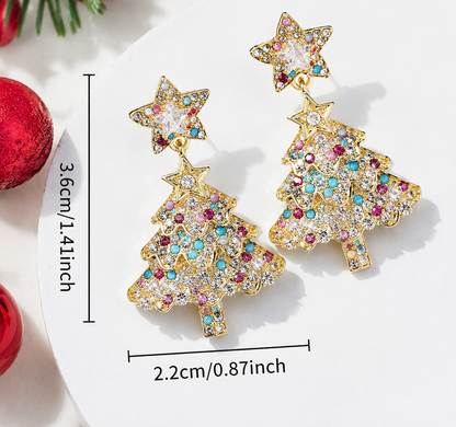 Women's Colorful Star-Shaped Christmas Tree Earrings – Sparkling Rhinestone Statement Earrings for the Holidays – Festive Party Jewelry Gift