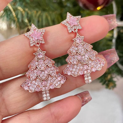 Pink Christmas Tree Star Drop Earrings for Women, Sparkling Rhinestone Holiday Party Jewellery Gift