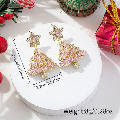 Pink Christmas Tree Star Drop Earrings for Women, Sparkling Rhinestone Holiday Party Jewellery Gift