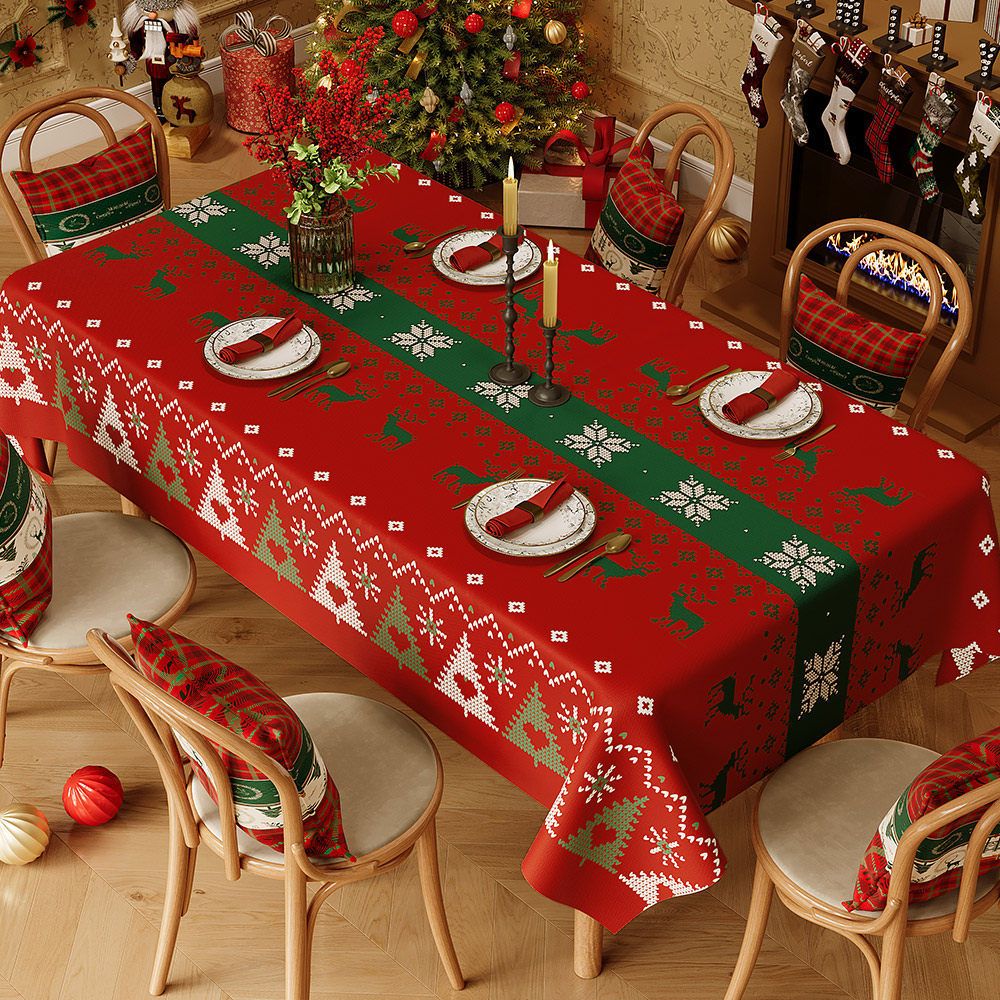Christmas Waterproof Tablecloth (Reindeer Design) 140 x 180 cm — Red festive dining tablecloth; oil-resistant and reusable; home décor that creates a holiday atmosphere.