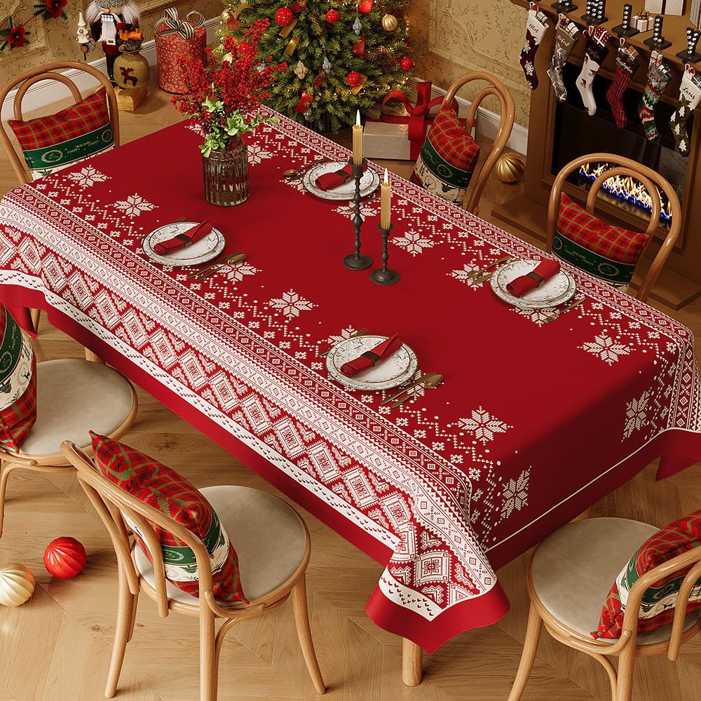 Christmas Waterproof Tablecloth (Snowflake pattern)140 x 200cm Festive Holiday Dining Table Cover Oil-Resistant Wipe Clean Christmas Home Decoration