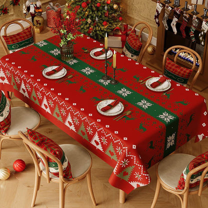 Christmas Waterproof Tablecloth (Reindeer Design) 140 x 140cm — Red festive dining tablecloth; oil-resistant and reusable; home décor that creates a holiday atmosphere.