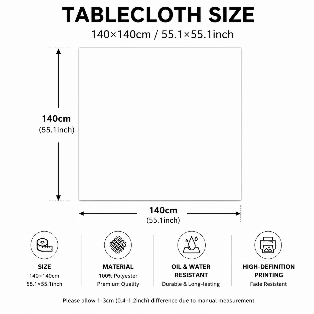 Christmas Waterproof Tablecloth (Reindeer Design) 140 x 140cm — Red festive dining tablecloth; oil-resistant and reusable; home décor that creates a holiday atmosphere.