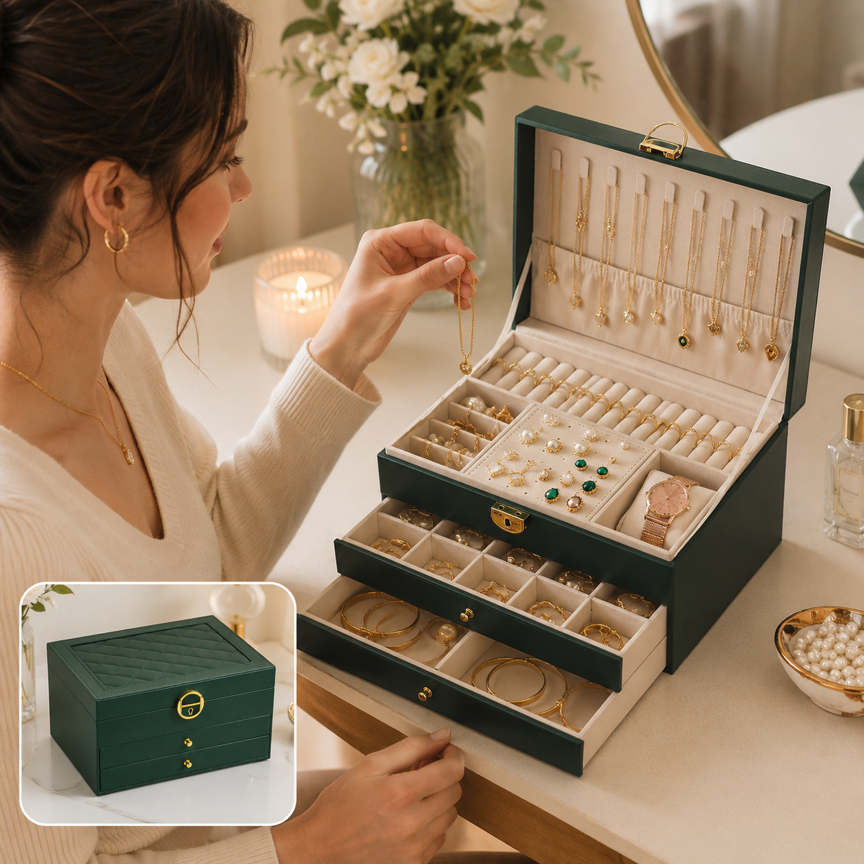 Dark Green Large Lockable Jewellery Box with 3 Drawers PU Leather Jewellery Organiser Case for Rings Earrings Necklaces Watches and Bracelets