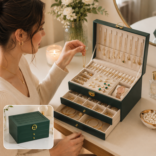 Dark Green Large Lockable Jewellery Box with 3 Drawers PU Leather Jewellery Organiser Case for Rings Earrings Necklaces Watches and Bracelets