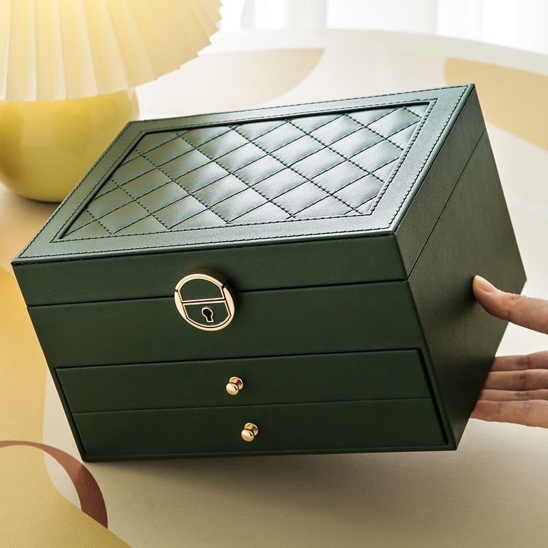 Dark Green Large Lockable Jewellery Box with 3 Drawers PU Leather Jewellery Organiser Case for Rings Earrings Necklaces Watches and Bracelets