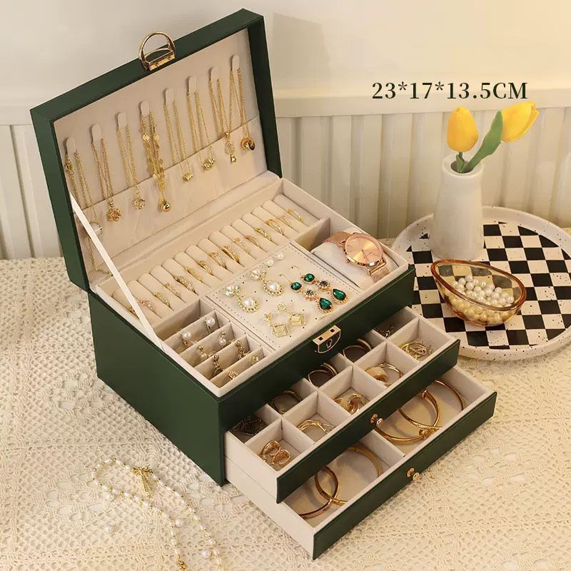 Dark Green Large Lockable Jewellery Box with 3 Drawers PU Leather Jewellery Organiser Case for Rings Earrings Necklaces Watches and Bracelets