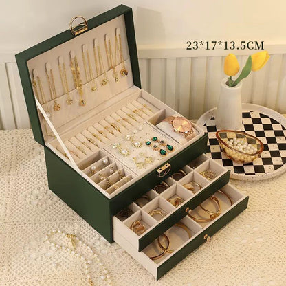 Dark Green Large Lockable Jewellery Box with 3 Drawers PU Leather Jewellery Organiser Case for Rings Earrings Necklaces Watches and Bracelets