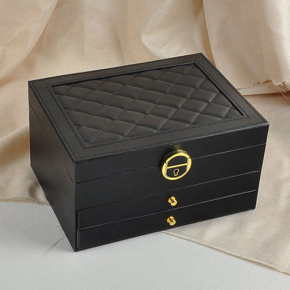 Black Large Lockable Jewellery Box with 3 Drawers PU Leather Jewellery Organiser Case for Rings Earrings Necklaces Watches and Bracelets
