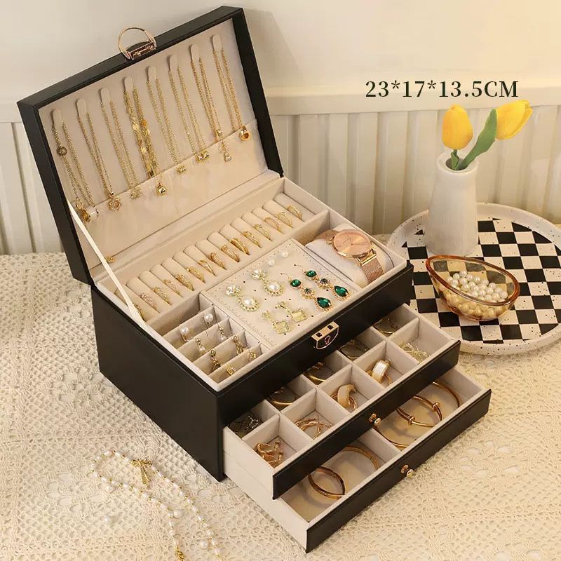 Black Large Lockable Jewellery Box with 3 Drawers PU Leather Jewellery Organiser Case for Rings Earrings Necklaces Watches and Bracelets