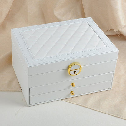 White Large Lockable Jewellery Box with 3 Drawers PU Leather Jewellery Organiser Case for Rings Earrings Necklaces Watches and Bracelets