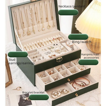 White Large Lockable Jewellery Box with 3 Drawers PU Leather Jewellery Organiser Case for Rings Earrings Necklaces Watches and Bracelets